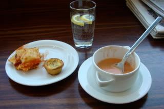 a plate of food and a glass of water